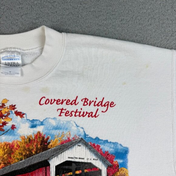 Vintage Covered Bridge Festival Sweatshirt Men's Medium White Indiana Crewneck - Picture 10 of 13